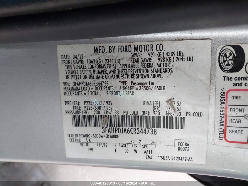 2012 Ford Fusion Sel VIN: 3FAHP0JA6CR344738 Lot: 40128819