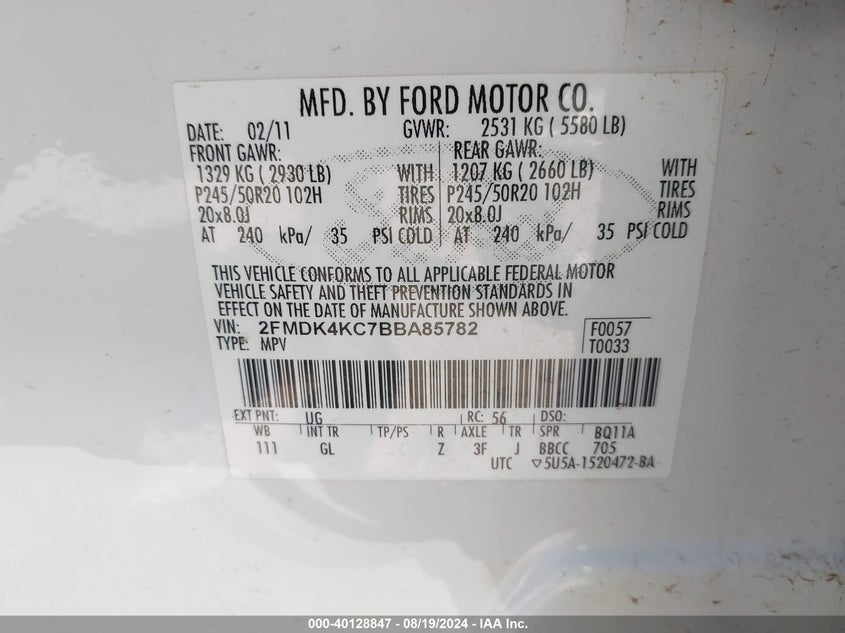 2011 Ford Edge Limited VIN: 2FMDK4KC7BBA85782 Lot: 40128847