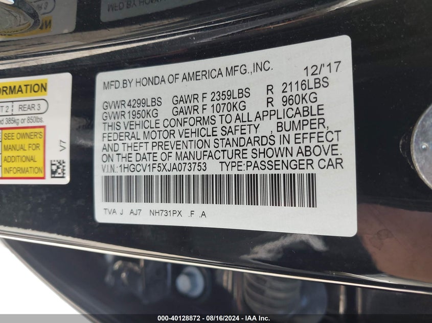 VIN 1HGCV1F5XJA073753 2018 HONDA ACCORD EX-L