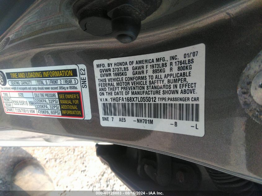 2007 Honda Civic Ex VIN: 1HGFA168X7L055012 Lot: 40128883
