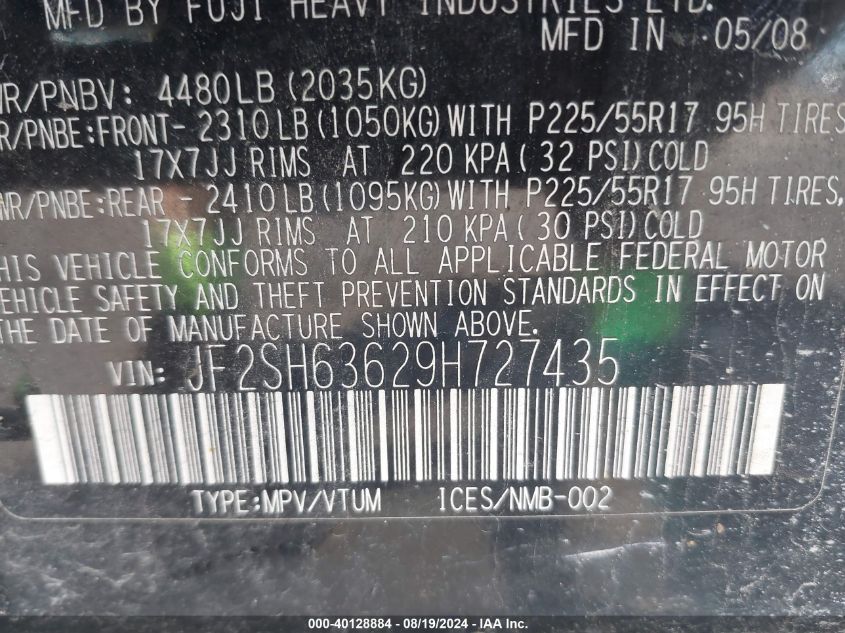 2009 Subaru Forester 2.5X VIN: JF2SH63629H727435 Lot: 40128884