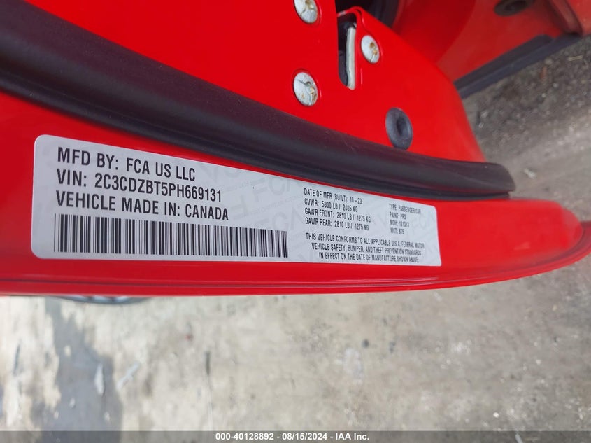 2023 Dodge Challenger R/T VIN: 2C3CDZBT5PH669131 Lot: 40128892