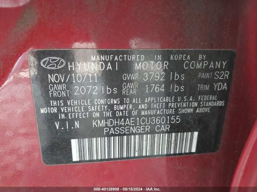 2012 Hyundai Elantra Limited (Ulsan Plant) VIN: KMHDH4AE1CU360155 Lot: 40128908