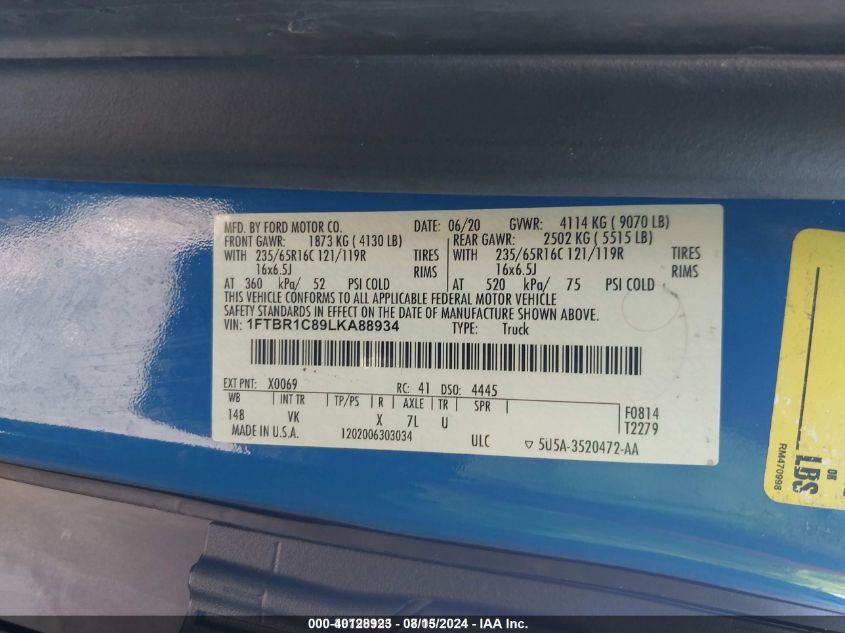 2020 Ford Transit-250 VIN: 1FTBR1C89LKA88934 Lot: 40128923
