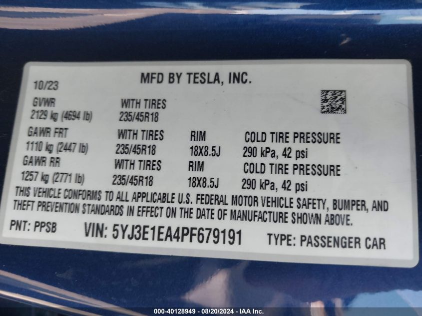 2023 Tesla Model 3 Rear-Wheel Drive VIN: 5YJ3E1EA4PF679191 Lot: 40128949