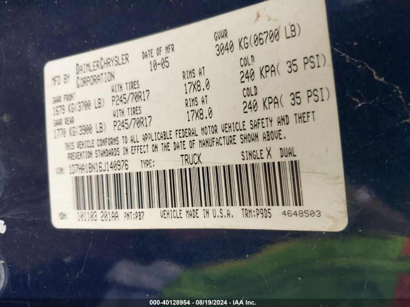 2006 Dodge Ram 1500 St VIN: 1D7HA18N16J140976 Lot: 40128954