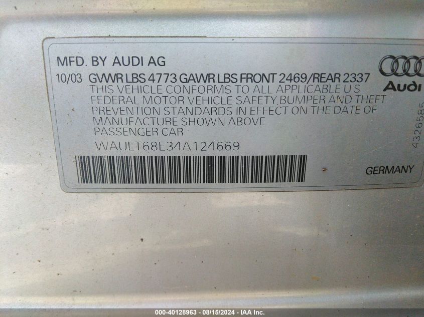 WAULT68E34A124669 2004 Audi A4 3.0