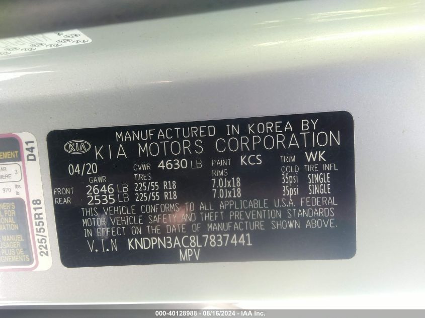 KNDPN3AC8L7837441 2020 Kia Sportage Ex