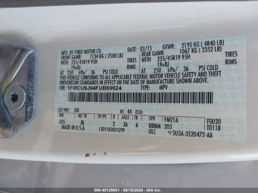 2015 Ford Escape Titanium VIN: 1FMCU9J94FUB69924 Lot: 40129001