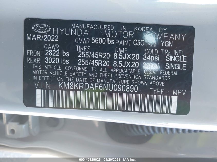 2022 Hyundai Ioniq 5 Limited VIN: KM8KRDAF6NU090890 Lot: 40129025