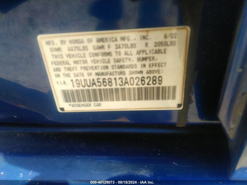 2003 Acura Tl 3.2 Type S VIN: 19UUA56813A026289 Lot: 40129073