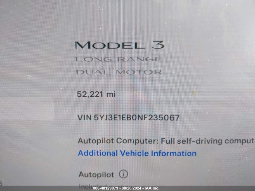 2022 Tesla Model 3 VIN: 5YJ3E1EB0NF235067 Lot: 40129079