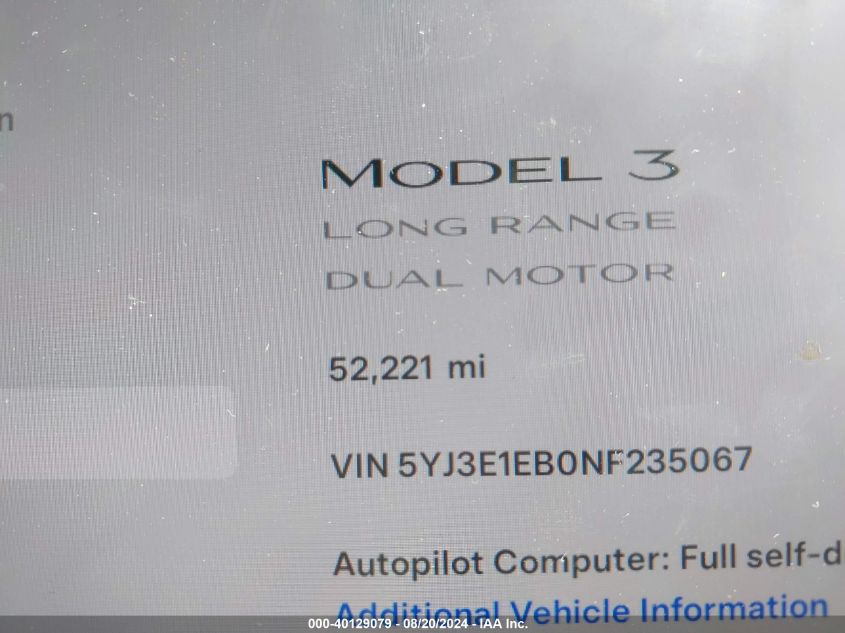 2022 Tesla Model 3 VIN: 5YJ3E1EB0NF235067 Lot: 40129079