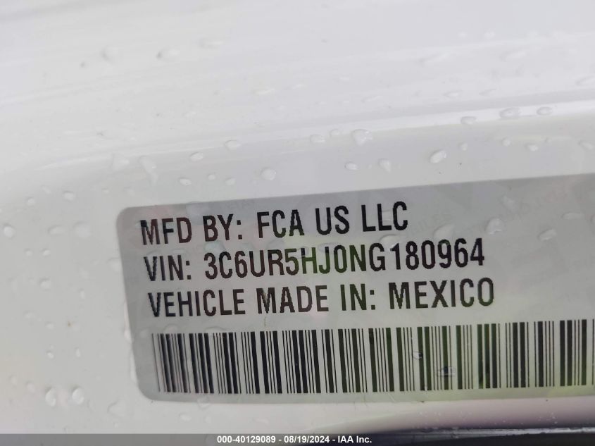 2022 Ram 2500 Tradesman 4X4 8' Box VIN: 3C6UR5HJ0NG180964 Lot: 40129089