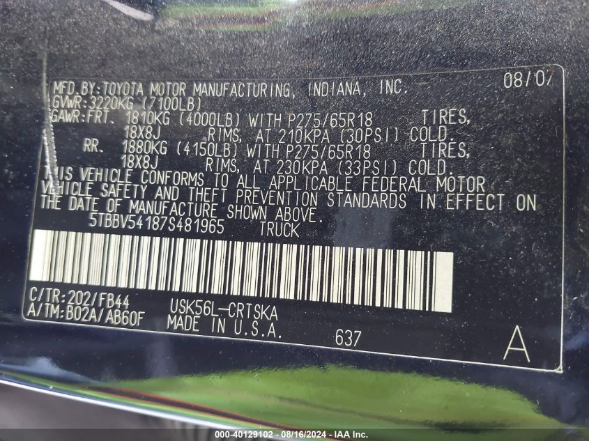 2007 Toyota Tundra Double Cab Sr5 VIN: 5TBBV54187S481965 Lot: 40129102