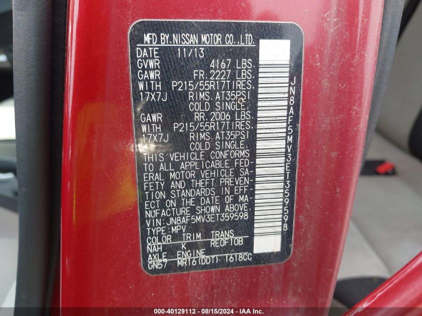 2014 Nissan Juke Sv VIN: JN8AF5MV3ET359598 Lot: 40129112