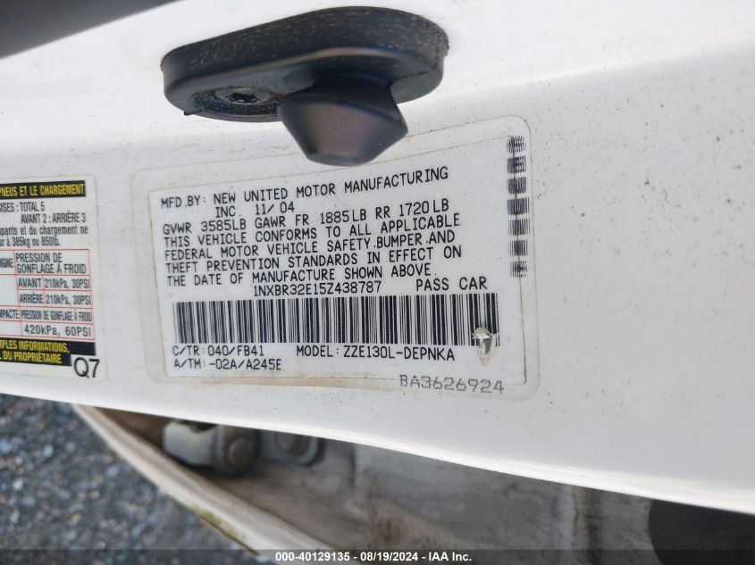 2005 Toyota Corolla Le VIN: 1NXBR32E15Z438787 Lot: 40129135