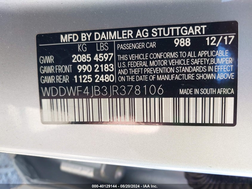 VIN WDDWF4JB3JR378106 2018 MERCEDES-BENZ C 300