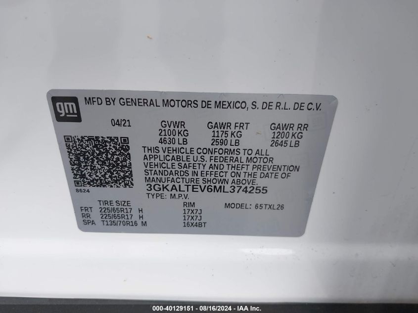 2021 GMC Terrain Awd Sle VIN: 3GKALTEV6ML374255 Lot: 40129151