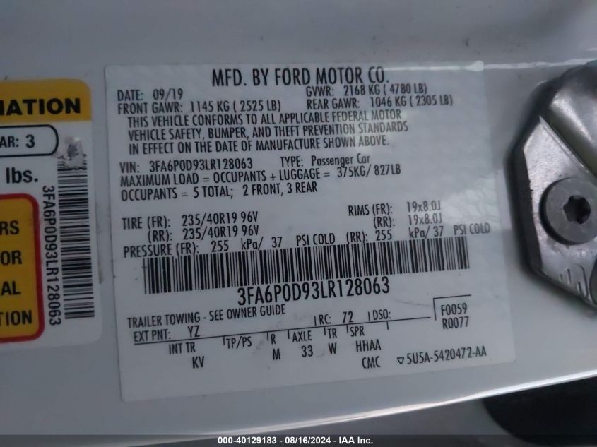 2020 Ford Fusion Titanium VIN: 3FA6P0D93LR128063 Lot: 40129183