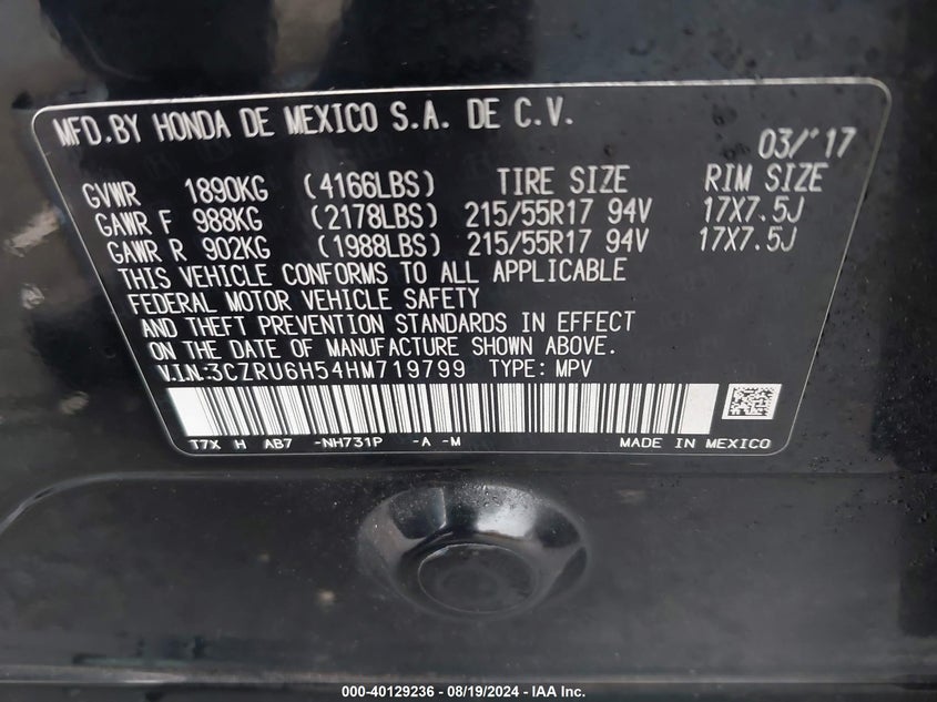VIN 3CZRU6H54HM719799 2017 HONDA HR-V EX