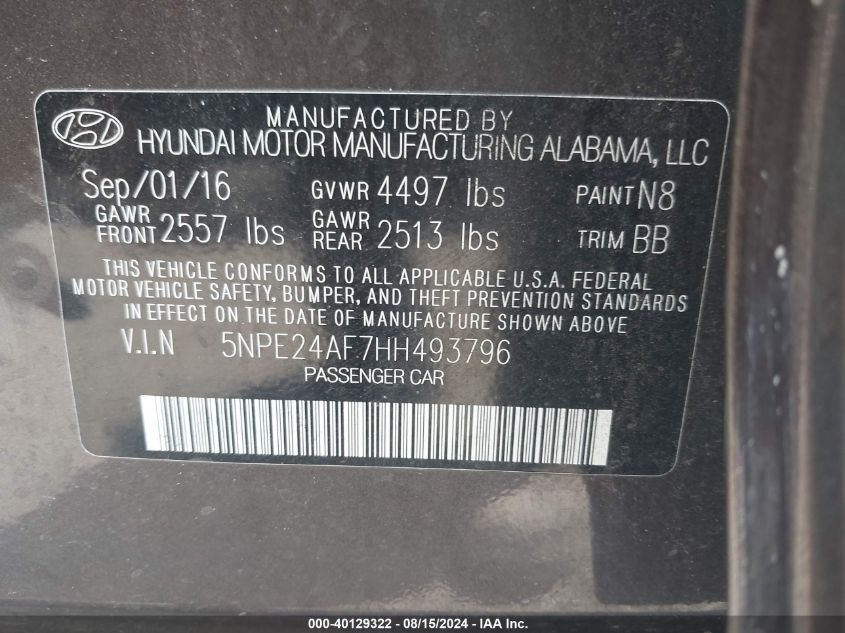 2017 Hyundai Sonata VIN: 5NPE24AF7HH493796 Lot: 40129322