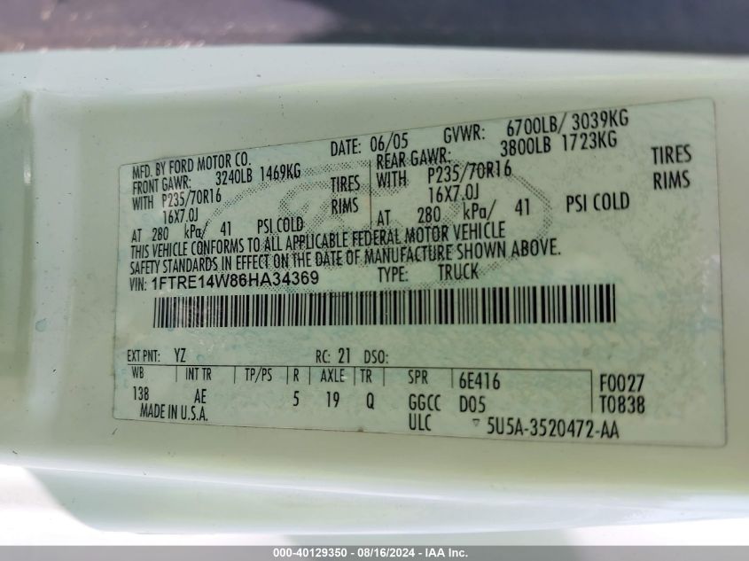 2006 Ford E-150 Commercial/Recreational VIN: 1FTRE14W86HA34369 Lot: 40129350