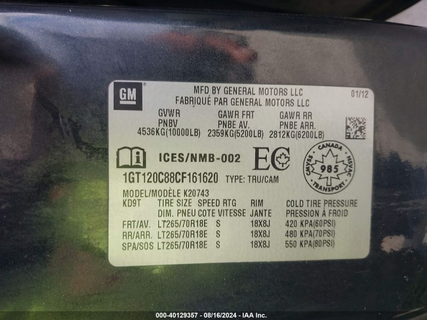 2012 GMC Sierra 2500Hd Sle VIN: 1GT120C88CF161620 Lot: 40129357