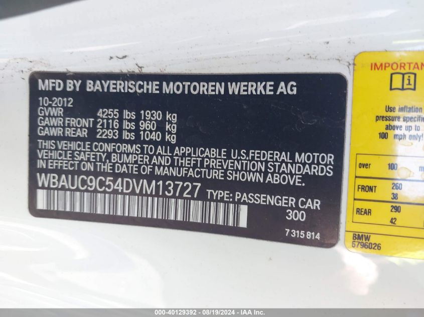 2013 BMW 135I VIN: WBAUC9C54DVM13727 Lot: 40129392