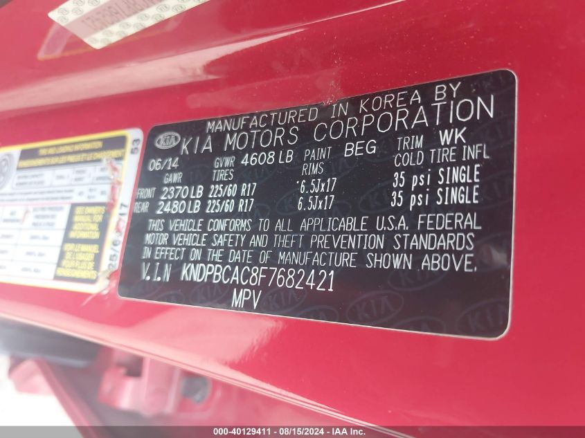 2015 Kia Sportage Lx VIN: KNDPBCAC8F7682421 Lot: 40129411