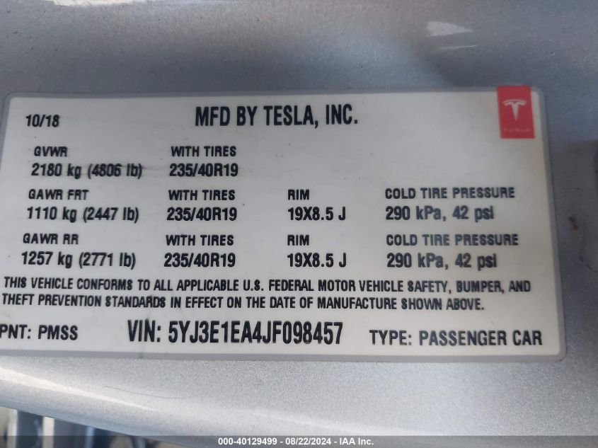 2018 TESLA MODEL 3 LONG RANGE/MID RANGE - 5YJ3E1EA4JF098457