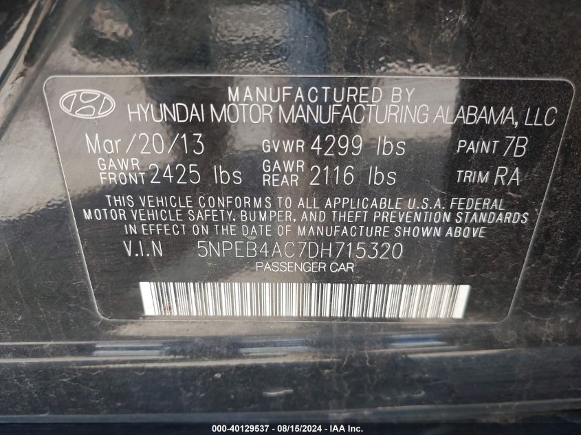 2013 Hyundai Sonata Gls VIN: 5NPEB4AC7DH715320 Lot: 40129537