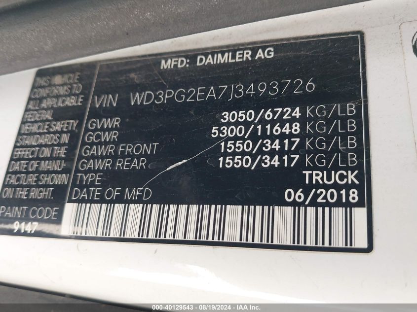 2018 Mercedes-Benz Metris VIN: WD3PG2EA7J3493726 Lot: 40129543