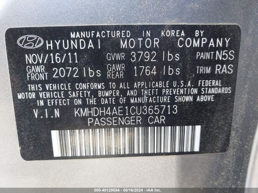 2012 Hyundai Elantra Limited (Ulsan Plant) VIN: KMHDH4AE1CU365713 Lot: 40129554