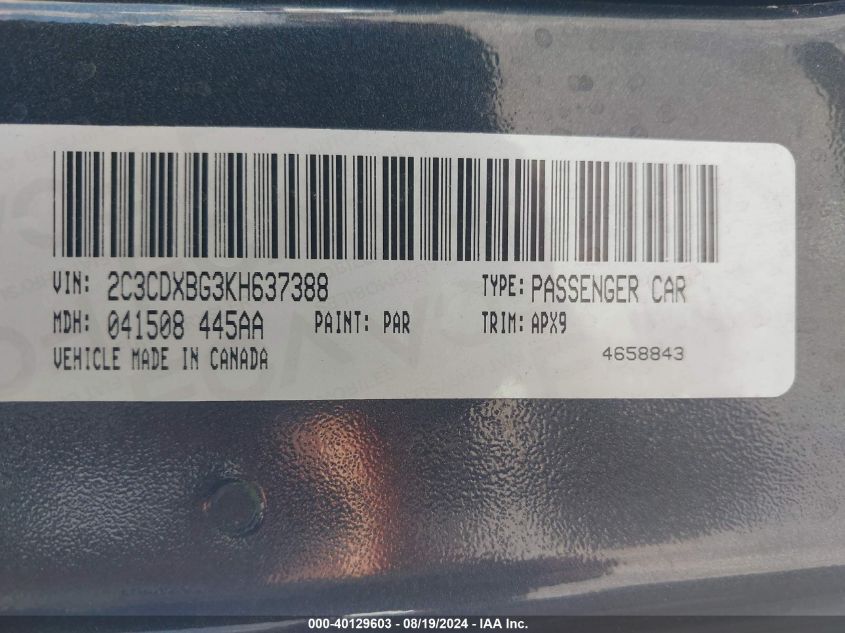 VIN 2C3CDXBG3KH637388 2019 DODGE CHARGER SXT RWD