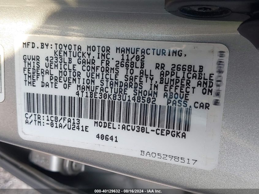 2003 Toyota Camry Xle VIN: 4T1BE30K83U148502 Lot: 40129632