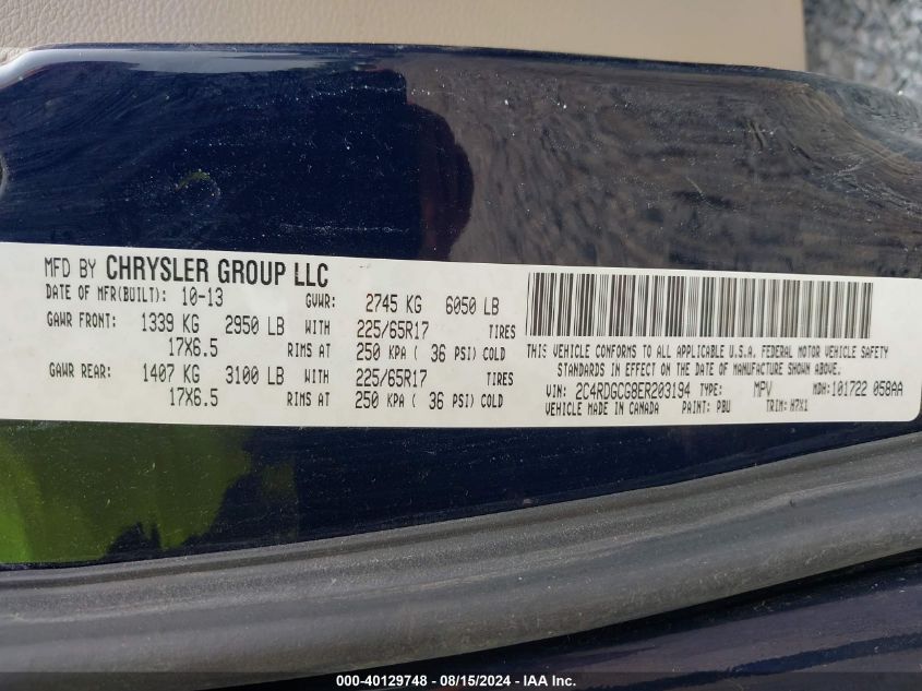 2014 Dodge Grand Caravan Sxt VIN: 2C4RDGCG8ER203194 Lot: 40129748