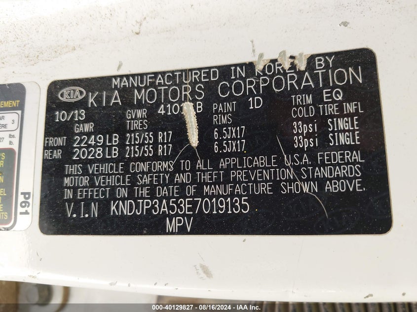2014 Kia Soul + VIN: KNDJP3A53E7019135 Lot: 40129827