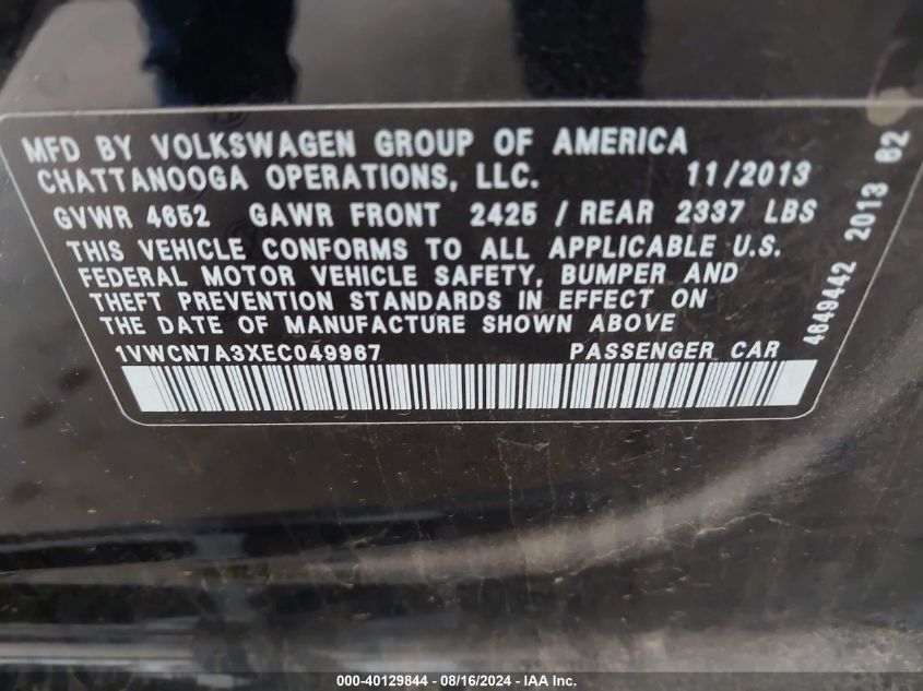 1VWCN7A3XEC049967 2014 Volkswagen Passat 2.0L Tdi Sel Premium