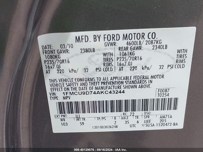 1FMCU9D74AKC43244 2010 Ford Escape Xlt