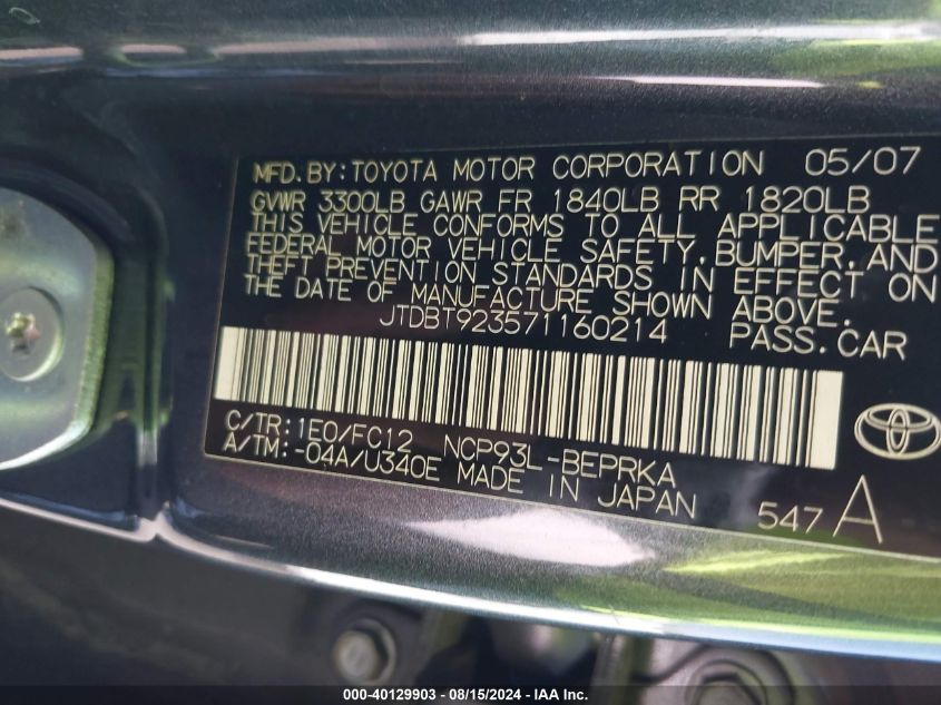 2007 Toyota Yaris VIN: JTDBT923571160214 Lot: 40129903