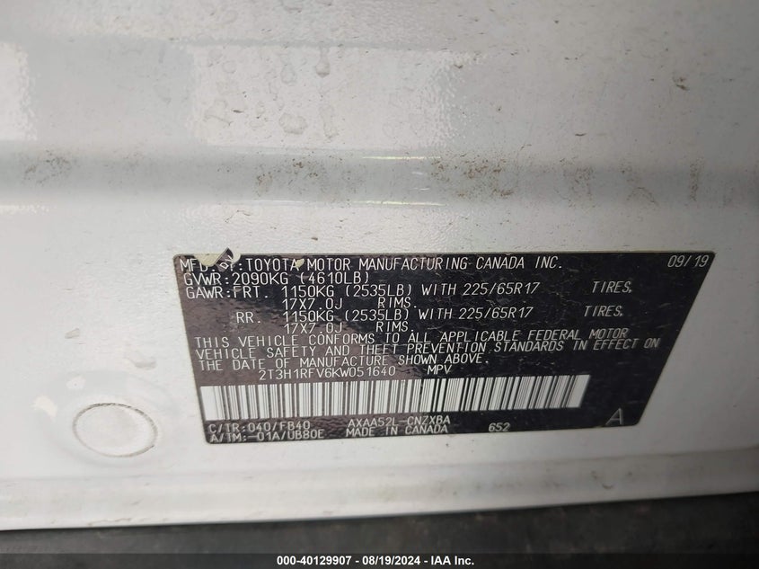 VIN 2T3H1RFV6KW051640 2019 TOYOTA RAV4 LE