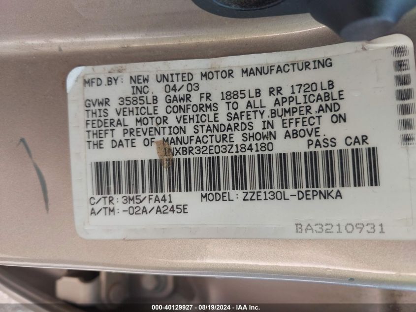 2003 Toyota Corolla Le VIN: 1NXBR32E03Z184180 Lot: 40129927