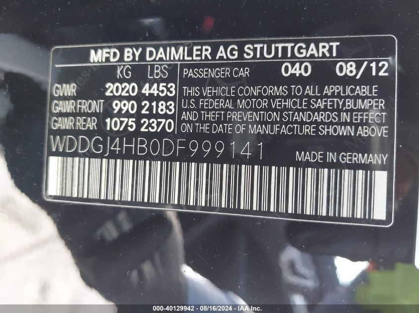 2013 Mercedes-Benz C 250 VIN: WDDGJ4HB0DF999141 Lot: 40129942