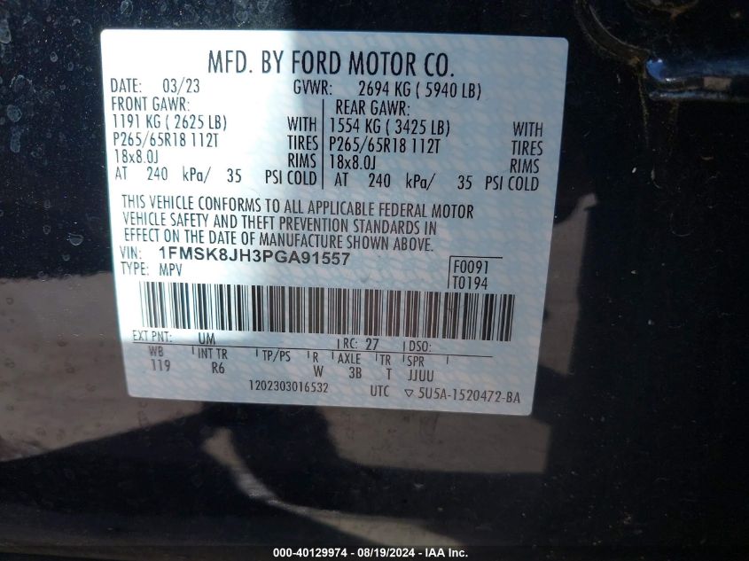 2023 Ford Explorer Timberline VIN: 1FMSK8JH3PGA91557 Lot: 40129974