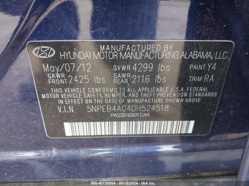 2013 Hyundai Sonata Gls VIN: 5NPEB4AC4DH524518 Lot: 40130004