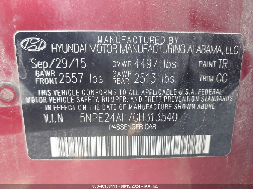 2016 Hyundai Sonata Se VIN: 5NPE24AF7GH313540 Lot: 40130113