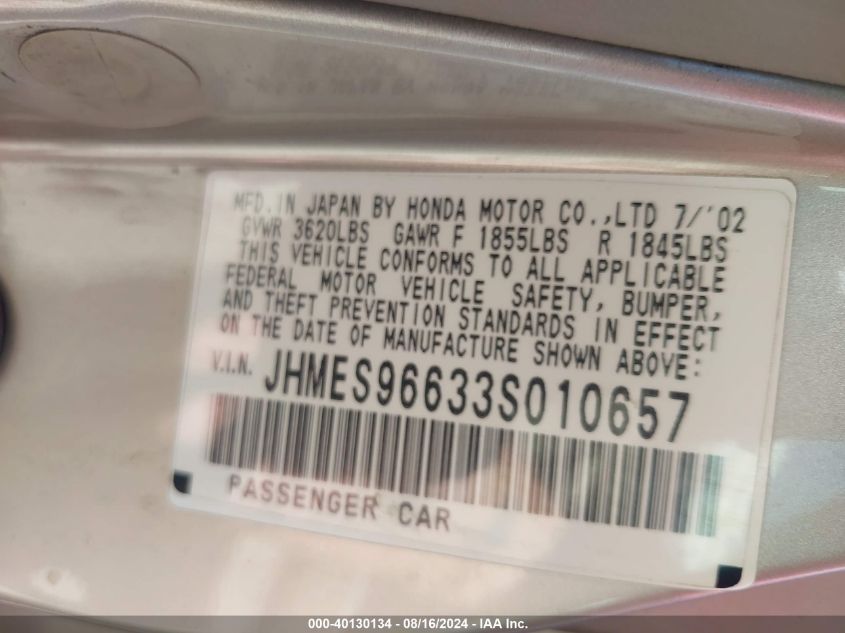 2003 Honda Civic Hybrid VIN: JHMES96633S010657 Lot: 40130134