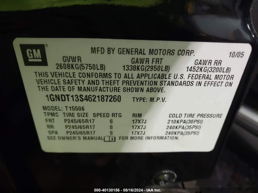 2006 Chevrolet Trailblazer Lt VIN: 1GNDT13S462187260 Lot: 40130156