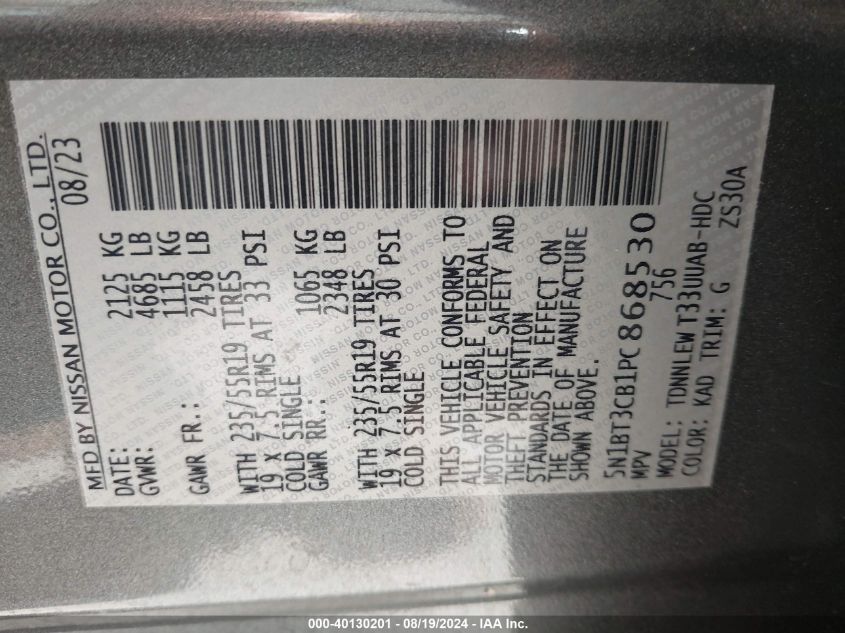 2023 Nissan Rogue Sl Intelligent Awd VIN: 5N1BT3CB1PC868530 Lot: 40130201